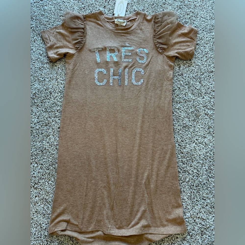 Très Chic Puff Sleeve Tee Dress - Tan with Silver Glitter